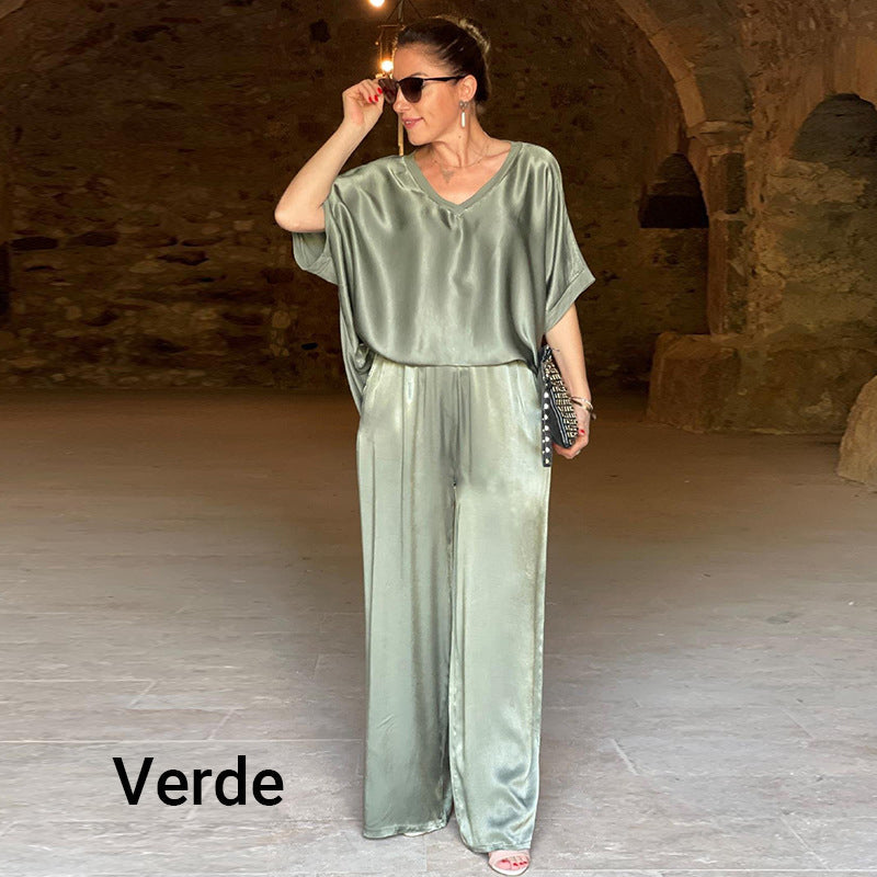 Elegantes Glänzendes zweiteiliges Set mit V-Ausschnitt in Übergröße