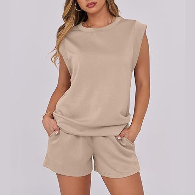 2-teiliges Set mit Oberteil mit Flügelärmeln und Rundhalsausschnitt und Shorts mit Kordelzug für Damen