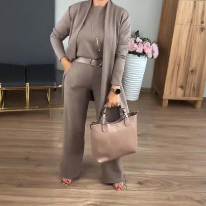 Elegantes 3-teiliges Set: Langer Cardigan, Oberteil und Hose