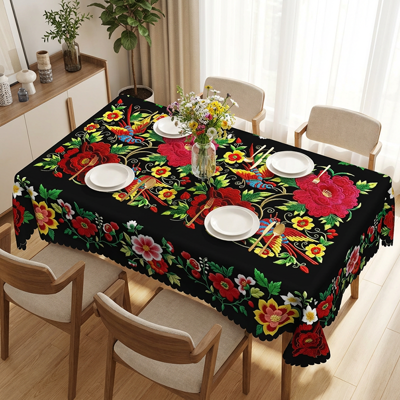 Mexikanische Tischdecke mit Blumenmuster und Wellenrand