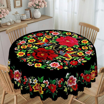 Mexikanische Tischdecke mit Blumenmuster und Wellenrand